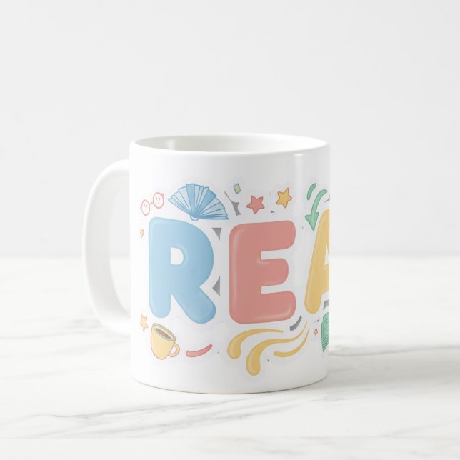 Taza De Café Playful Pastel Bubble "READ" Sticker Style (Anverso izquierdo)