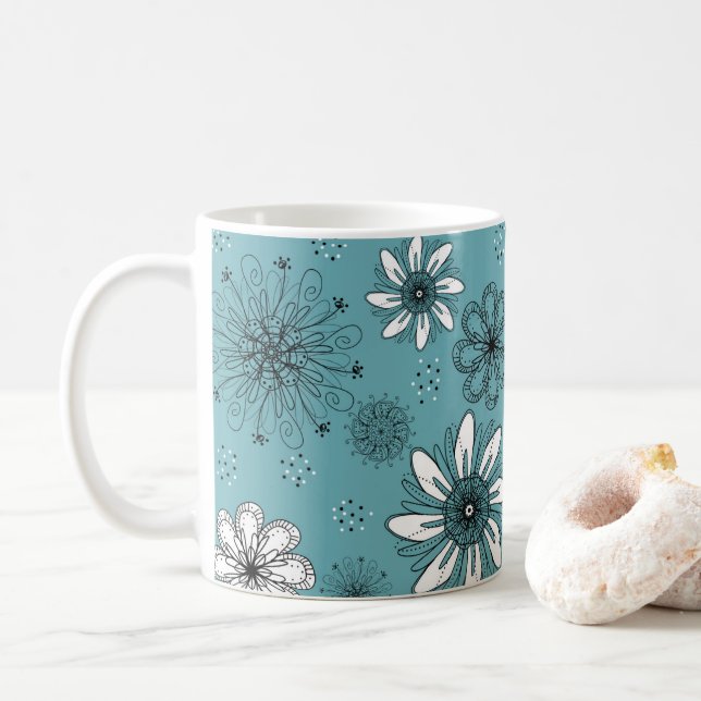Taza De Café Pluma de margarita verde azulada y blanca y Ilustr (Con donut)