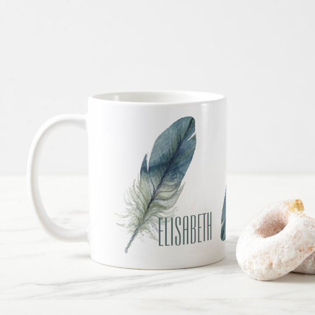 Taza De Café Pluma dibujada mano de la acuarela del gris azul (Con donut)