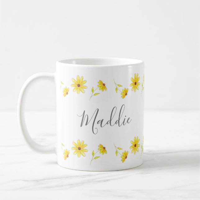 Taza De Café Pluma floral amarilla y patrón acuarela (Izquierda)