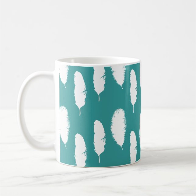 Taza De Café Plumas blancas verde azuladas elegantes (Izquierda)