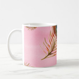 Taza De Café Plumas de pavo real de oro, acuarela patrón sin fi