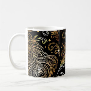 Taza De Café Plumas de pavo real: Dibujo artístico a mano alzad