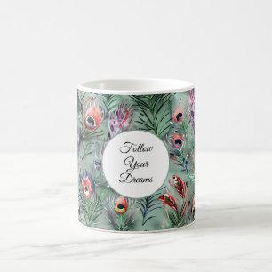 Taza De Café Plumas de Pavo Real Verdes Rojas