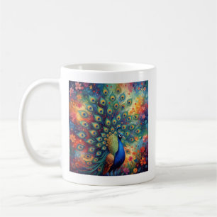 Taza De Café Plumas y flores de pavo real coloridas
