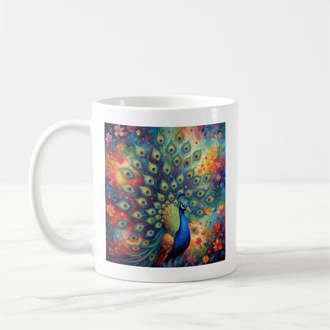 Taza De Café Plumas y flores de pavo real coloridas (Izquierda)