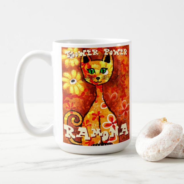 Taza De Café Poder Floral Retro Caprichoso Personalizado (Con donut)