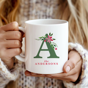 Taza De Café Poinsettia de color y monograma de vegetación de i