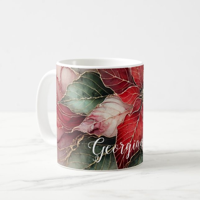 Taza De Café Poinsettia de tinta de alcohol floral festiva pers (Anverso izquierdo)