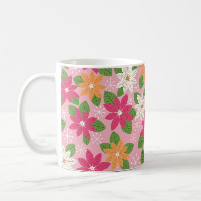 Taza De Café Poinsettia de vacaciones retro - Naranja verde ros (Izquierda)