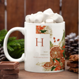 Taza De Café Poinsettia Moderna y Follaje | Monograma de Navida
