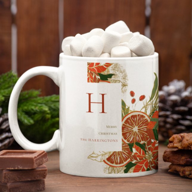 Taza De Café Poinsettia moderna y vegetación | Monograma de Nav (Subido por el creador)