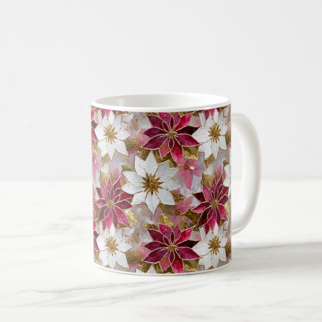 Taza De Café Poinsettias de Navidades rosados de oro blanco (Anverso derecho)