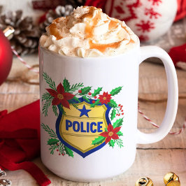 Taza De Café Police Merry Christmas Shield with Poinsettia