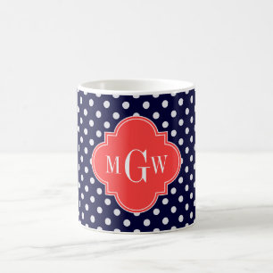 Taza De Café Polka blanco de la marina puntos Quatrefoil coral