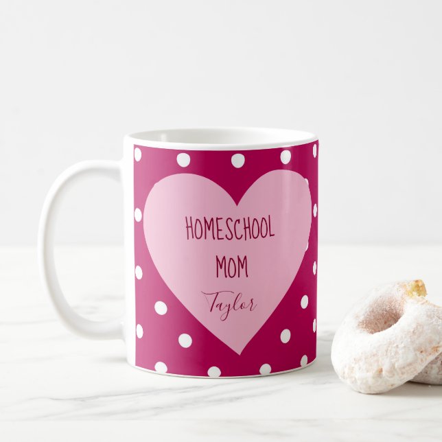 Taza De Café Polka Rosa Dots Homeschool Mama Heart (Con donut)