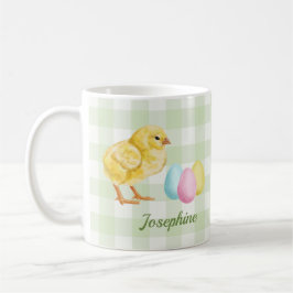 Taza De Café Pollito y huevos al acuarela sobre verde con nombr