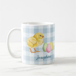 Taza De Café Pollito y huevos en acuarela sobre azul con nombre