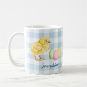 Taza De Café Pollito y huevos en acuarela sobre azul con nombre