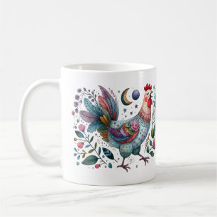 Taza De Café Pollo o gallo de estilo de arte popular divertido