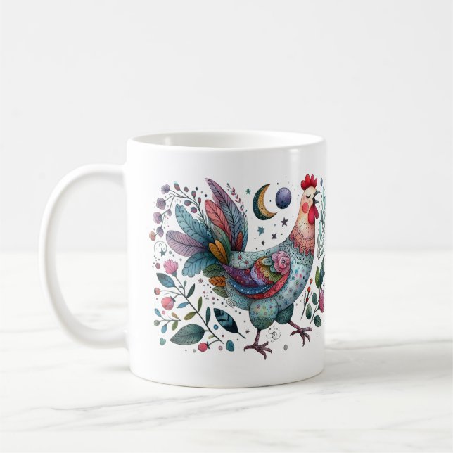 Taza De Café Pollo o gallo de estilo de arte popular divertido  (Izquierda)