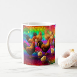 Taza De Café Pollos sobre un fondo de arcoíris