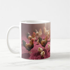 Taza De Café Pollos sobre un fondo rojo oscuro