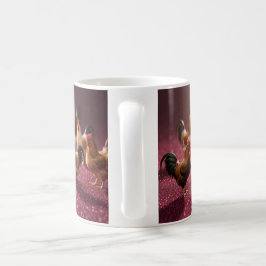 Taza De Café Pollos sobre un fondo rojo oscuro