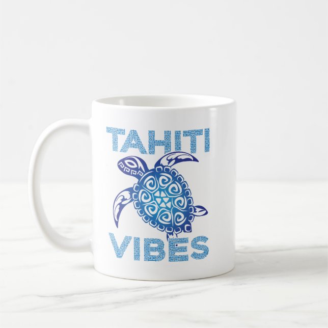 Taza De Café Polynesian Blue Tribal Sea Turtle Tahiti Vibes (Izquierda)