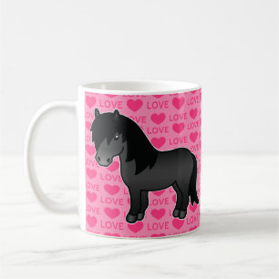 Taza De Café Poni Shetland Negro Rosa Con Corazones y Texto de