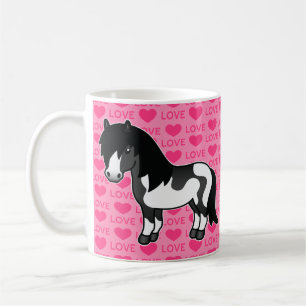 Taza De Café Poni Shetland Pinto Negro Sobre Patrón de Amor Ros