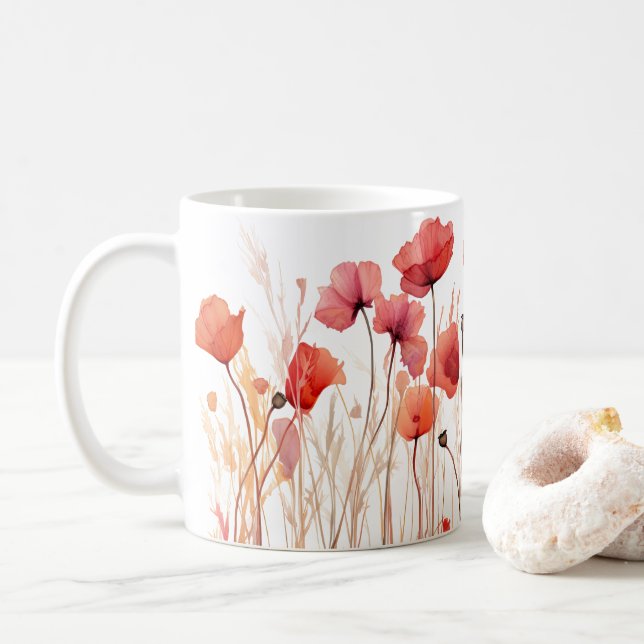Taza De Café Poppies Artísticos Con Estilo De Acuarela Presiona (Con donut)