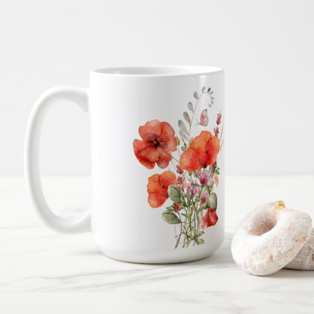 Taza De Café Poppies naranjas sobre blanco (Con donut)