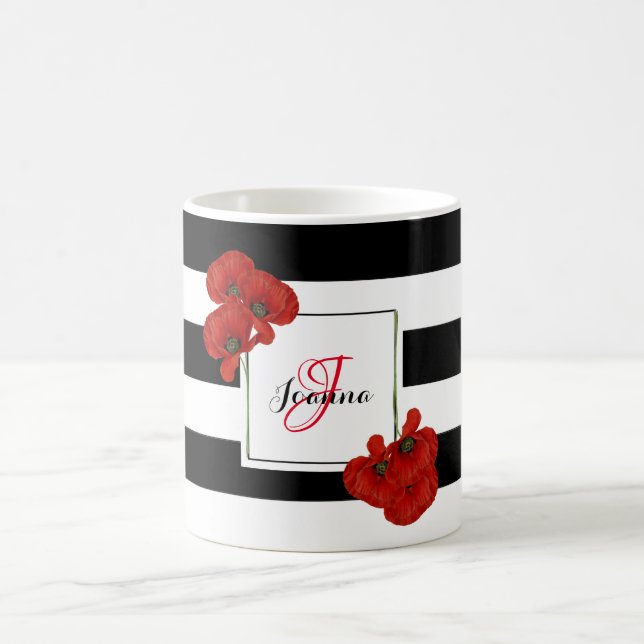 Taza De Café Poppies rojos sobre fondo rayado negro y blanco (Centro)