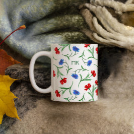Taza De Café Poppy & Cornflower, Monograma Floral Blanco Rojo A