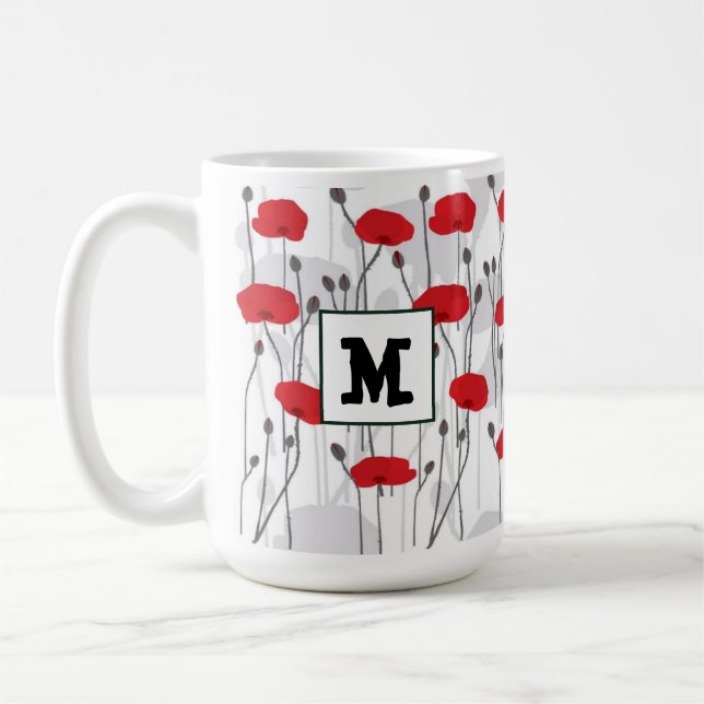 Taza De Café Poppy flower gift botanical pretty monogram (Izquierda)