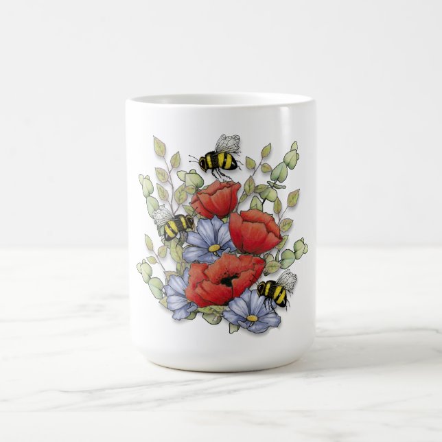 Taza De Café Poppy Flowers and Bees Digital Drawing, Botanical  (Centro)