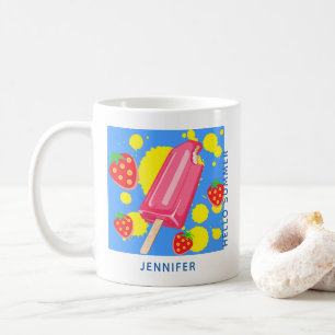 Taza De Café Popsicas rosas divertidas y fresas Hola verano