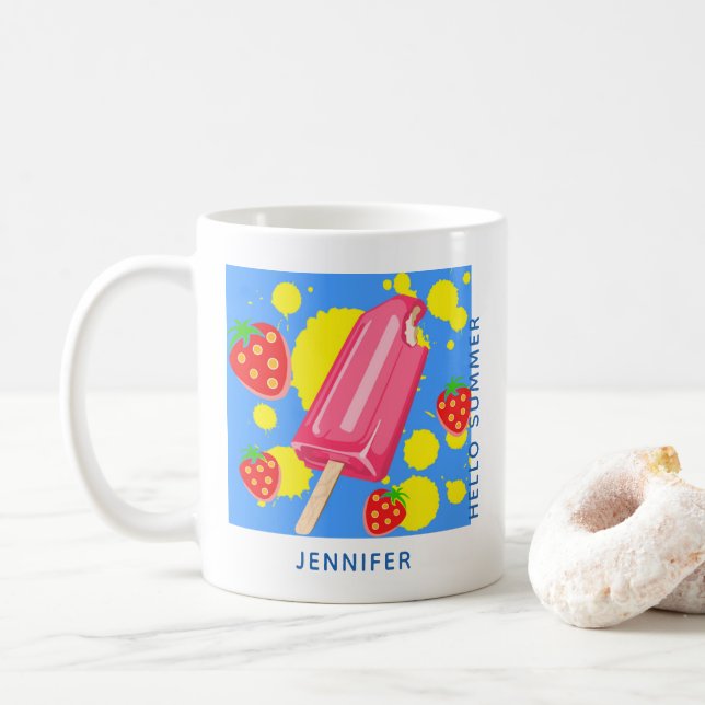 Taza De Café Popsicas rosas divertidas y fresas Hola verano (Con donut)
