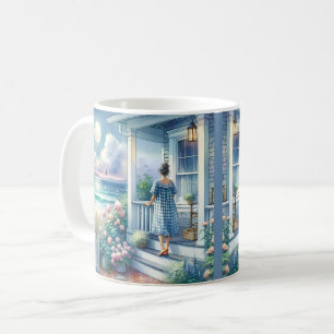 Taza De Café Porche de cabaña iluminado por la luna junto al ma