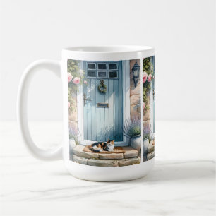 Taza De Café Porche Floral Cottagecore con Gato Calicó