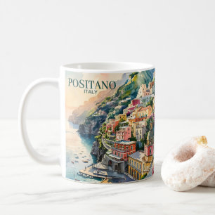 Taza De Café Positano Italia Costa de Amalfi Paisaje Acuarela