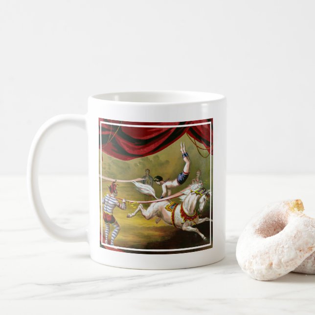 Taza De Café Poster De Circo Con Acrobat Actuando A Caballo. (Con donut)