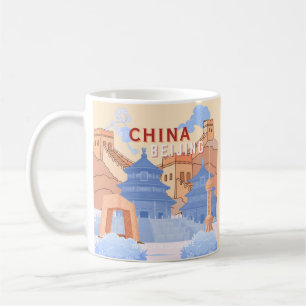 Taza De Café Póster de viaje a Pekín, China Azul pastel y mel