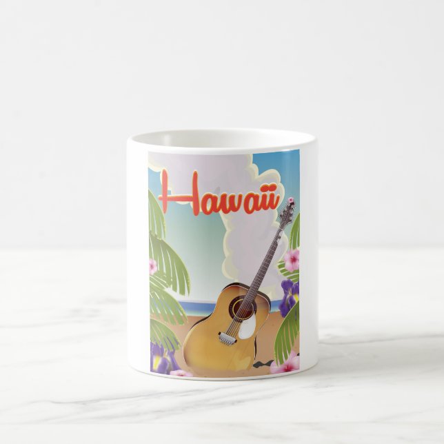 Taza De Café Poster de viajes con guitarra acústica hawaiana. (Centro)
