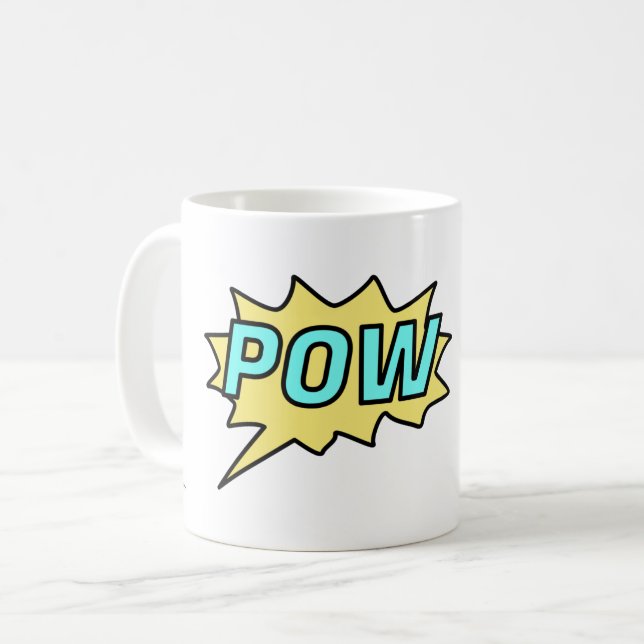 Taza De Café "POW" Burbuja de la comedia amarilla y azul claro (Anverso izquierdo)