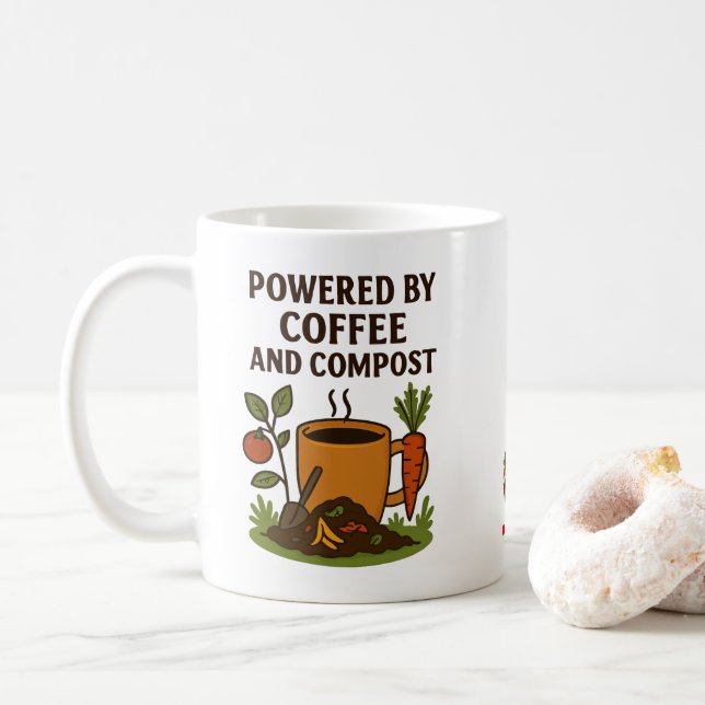 Taza De Café Powered By Coffee And Compost @TLCInTheGarden  (Con donut)