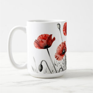 Taza De Café Pradera de flores de amapola rojas vibrantes