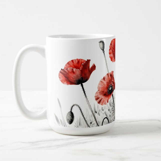 Taza De Café Pradera de flores de amapola rojas vibrantes (Izquierda)