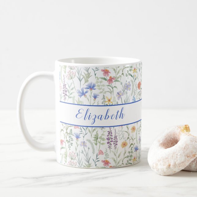 Taza De Café Pradera de flores silvestres coqueta personalizada (Con donut)